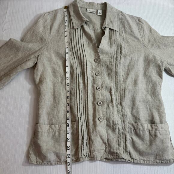 Kim Rogers Linen Shirt Petite L Oatmeal Pintuck Button Front Pockets Casual - Picture 5 of 10